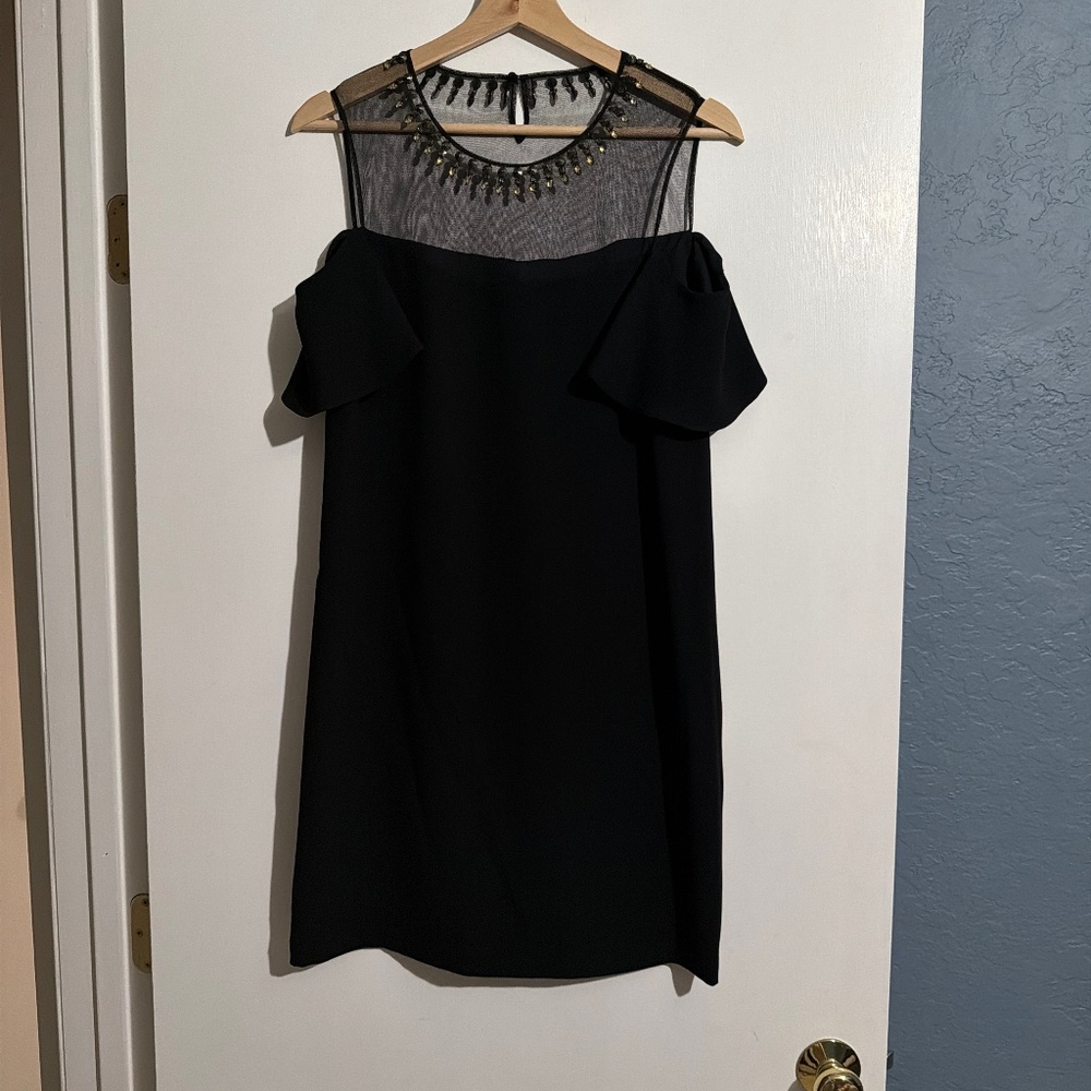 BCBG MaxAzria CANDACE Black Jewel Studded Neck Cold Shoulder Short Dress 2